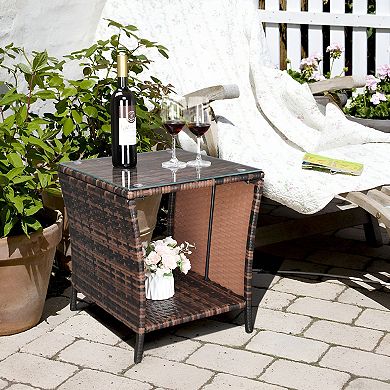 Glass Surface Brown Gradient Iron Frame Rattan Side Table
