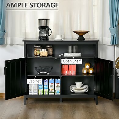 Farmhouse Style Kitchen Cabinet with An Open Shelf and Two Cabinets-Black