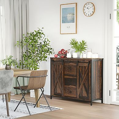 Rustic Farmhouse Style Kitchen Sideboard Cabinet with Three Drawers-Brown