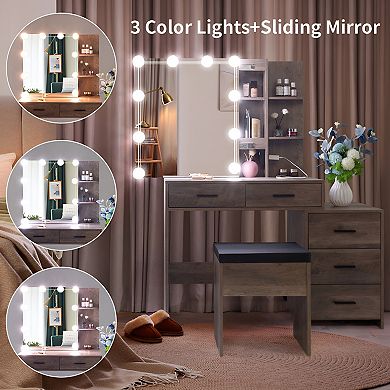 Multi-Functional Dressing Table - 5 Drawers, 2 Shelves, Mirror Cabinet, LED Light, USB & Socket Plug