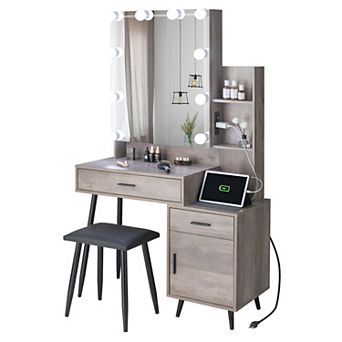Multi-Functional Dressing Table - 2 Drawers, 1 Door, 2 Shelves, Mirror Cabinet, USB Ports