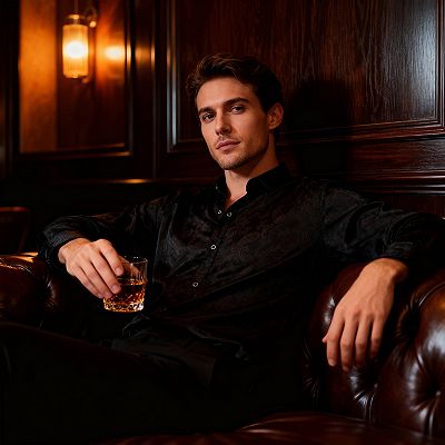 black brown slim fit dress shirt Final Sale | Men's Taupe Shirt with Black Flocking Pattern | M main image 0