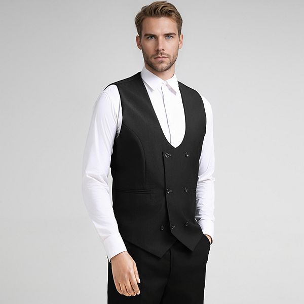 white dress shirt with black vest Regular Fit Double Breasted Black Knit Button Down Vest – SAYKI