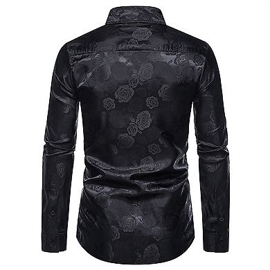 Mens Floral Shirt Rose Printed Button Down Long Sleeve Dress Shirt