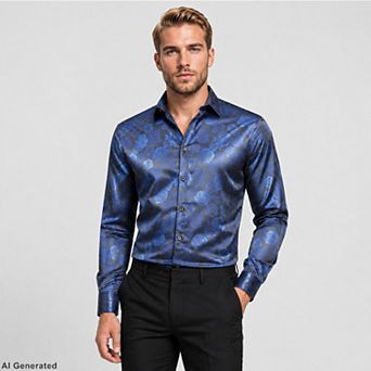 Mens Floral Shirt Rose Printed Button Down Long Sleeve Dress Shirt
