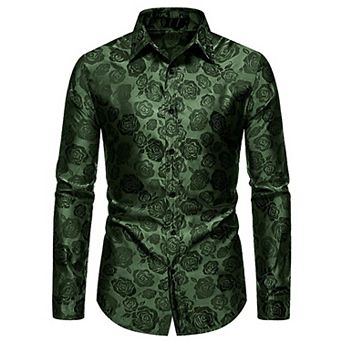 Mens Floral Shirt Rose Printed Button Down Long Sleeve Dress Shirt