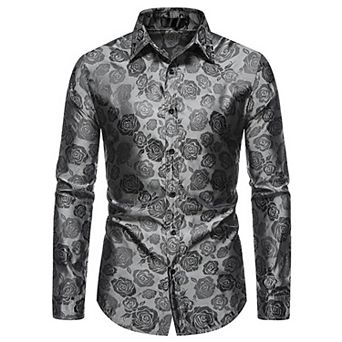 Mens Floral Shirt Rose Printed Button Down Long Sleeve Dress Shirt