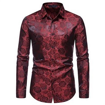 Mens Floral Shirt Rose Printed Button Down Long Sleeve Dress Shirt