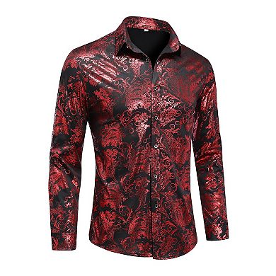 Mens Bronzing Printed Long Sleeve Button Down Dress Shirt