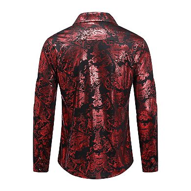 Mens Bronzing Printed Long Sleeve Button Down Dress Shirt