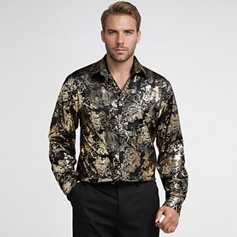 Mens Bronzing Printed Long Sleeve Button Down Dress Shirt