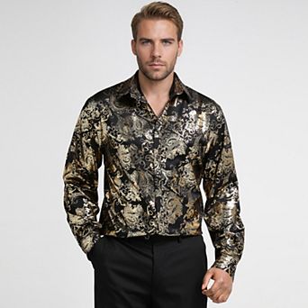 Mens Bronzing Printed Long Sleeve Button Down Dress Shirt