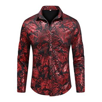 Mens Bronzing Printed Long Sleeve Button Down Dress Shirt