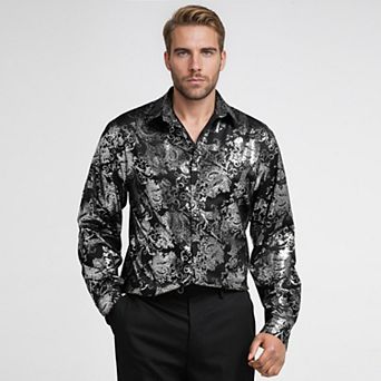 Mens Bronzing Printed Long Sleeve Button Down Dress Shirt