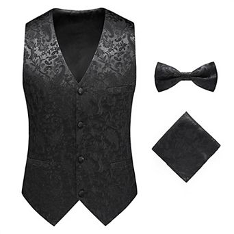 Mens Formal 3 pc Vest Paisley Suit Vest Bow Tie and Pocket Square Set