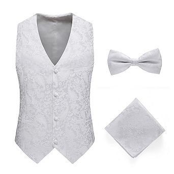 Mens Formal 3 pc Vest Paisley Suit Vest Bow Tie and Pocket Square Set
