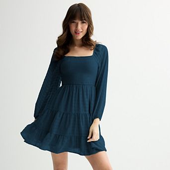 Juniors' Rewind Long Sleeve Smocked Skater Dress