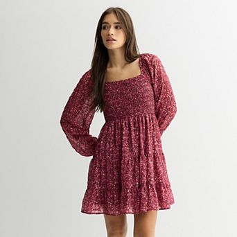Juniors' Rewind Long Sleeve Smocked Skater Dress