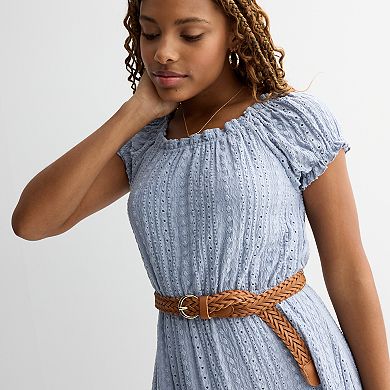 Juniors' Liberty Love Off the Shoulder Belted Eyelet Dress