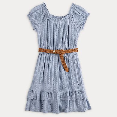 Juniors' Liberty Love Off the Shoulder Belted Eyelet Dress