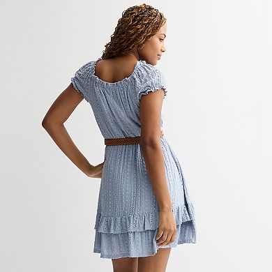 Juniors' Liberty Love Off the Shoulder Belted Eyelet Dress