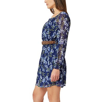 Juniors' WallFlower Smocked Neck Puff Sleeve Belted Mini Dress