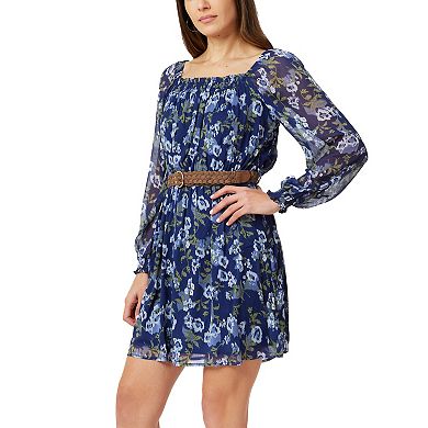 Juniors' WallFlower Smocked Neck Puff Sleeve Belted Mini Dress