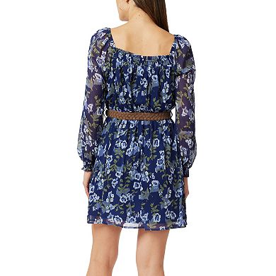 Juniors' WallFlower Smocked Neck Puff Sleeve Belted Mini Dress
