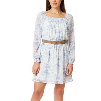 Juniors' WallFlower Smocked Neck Puff Sleeve Belted Mini Dress
