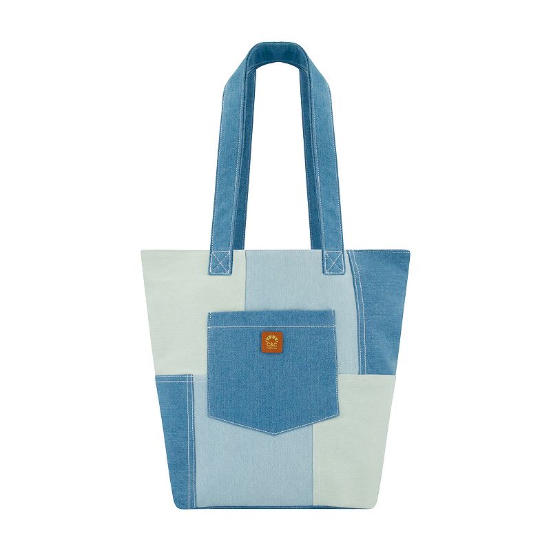 C&C California Denim Patchwork Bucket Tote Bag, Blue
