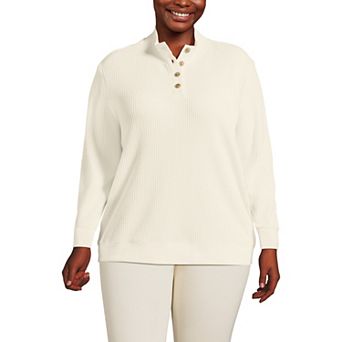 Plus Size Lands' End Waffle Knit Button Placket Top