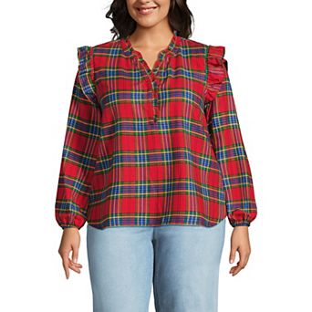 Plus Size Lands' End Ruffle Front Flannel Popover Blouse