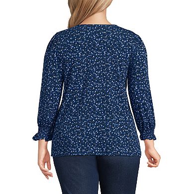 Plus Size Lands' End 3/4 Sleeve Lightweight Jersey Button Front Top