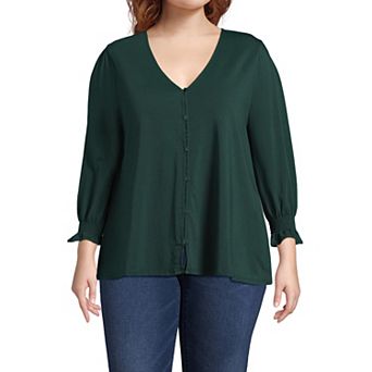 Plus Size Lands' End 3/4 Sleeve Lightweight Jersey Button Front Top