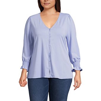 Plus Size Lands' End 3/4 Sleeve Lightweight Jersey Button Front Top