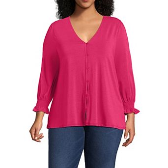 Plus Size Lands' End 3/4 Sleeve Lightweight Jersey Button Front Top
