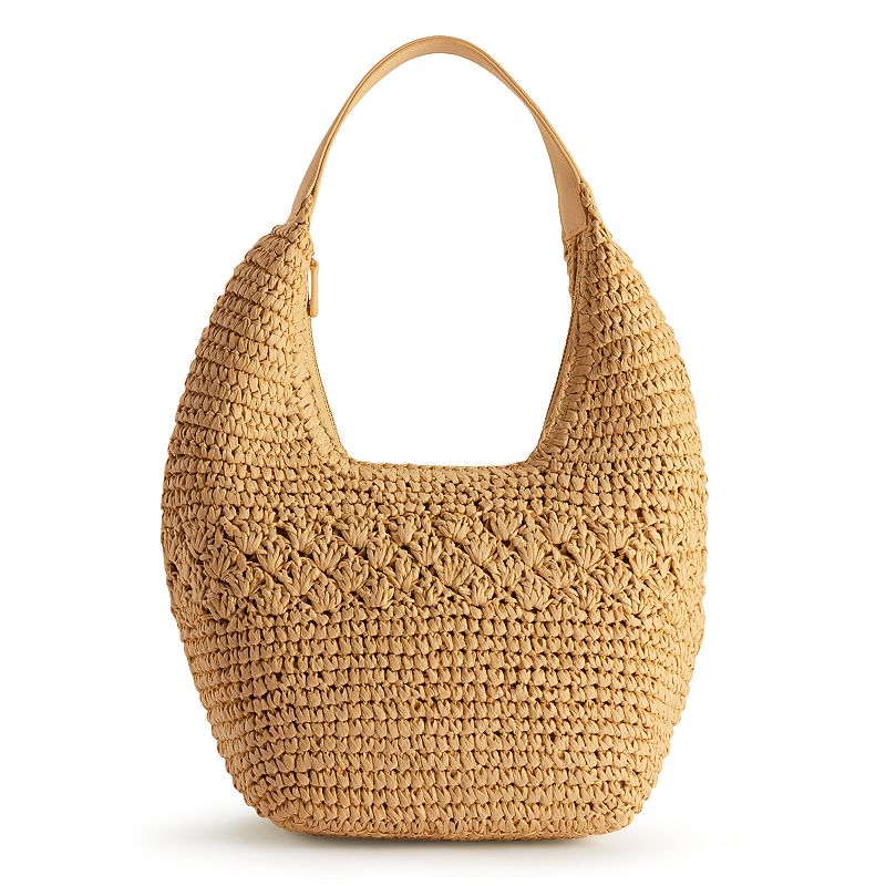 LC Lauren Conrad Olive Scallop Crochet Shoulder Bag, Natural Brown