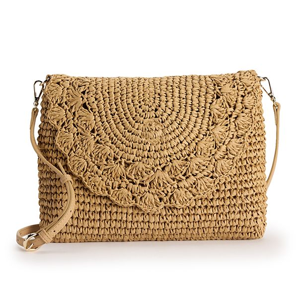 LC Lauren Conrad Candace Scallop Flap Crochet Crossbody Bag - Dark Natural Straw