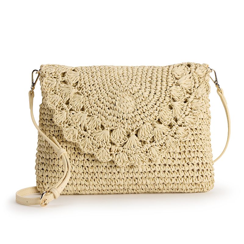 LC Lauren Conrad Candace Scallop Flap Crochet Crossbody Bag, Light Natural Brown