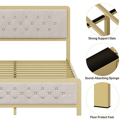 Queen Bed Frame with Headboard, Upholstered Bed Frame Queen Size with Tufted Headboard