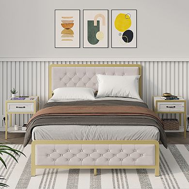 Queen Bed Frame with Headboard, Upholstered Bed Frame Queen Size with Tufted Headboard