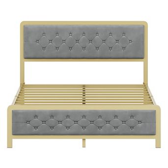 Golden Full Size Bed Frame,upholstered Bed Frame With Button Tufted Headboard,heavy Duty Metal