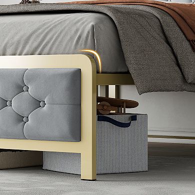 Golden Full Size Bed Frame,upholstered Bed Frame With Button Tufted Headboard,heavy Duty Metal