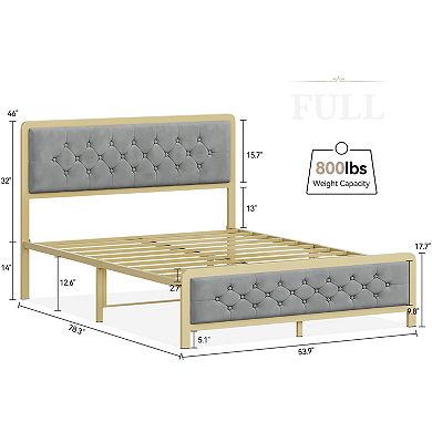Golden Full Size Bed Frame,upholstered Bed Frame With Button Tufted Headboard,heavy Duty Metal