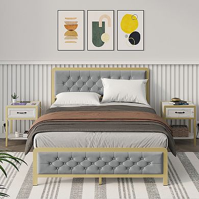 Golden Full Size Bed Frame,upholstered Bed Frame With Button Tufted Headboard,heavy Duty Metal