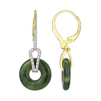 Dynasty Jade 18k Gold Over Silver Genuine Nephrite Jade & Diamond Accent Dangle Leverback Earrings