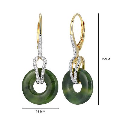 Dynasty Jade 18k Gold Over Silver Genuine Nephrite Jade & Diamond Accent Dangle Leverback Earrings