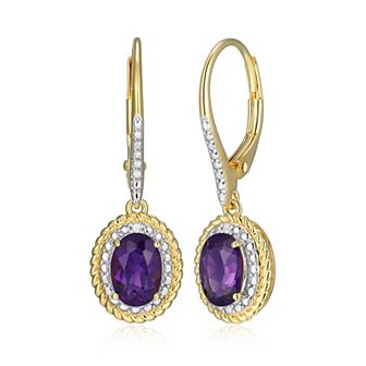 Classic Treasures 18k Gold Plated Sterling Silver Gemstone & Diamond Accent Halo Leverback Earrings