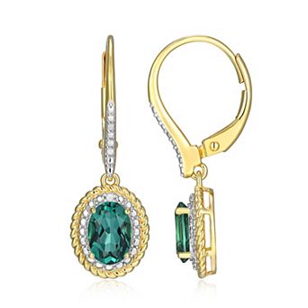Classic Treasures 18k Gold Plated Sterling Silver Gemstone & Diamond Accent Halo Leverback Earrings