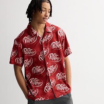 Men's Dr. Pepper Logo & Palm Leaves Print Woven Short Sleeve Button-Down Shirt
